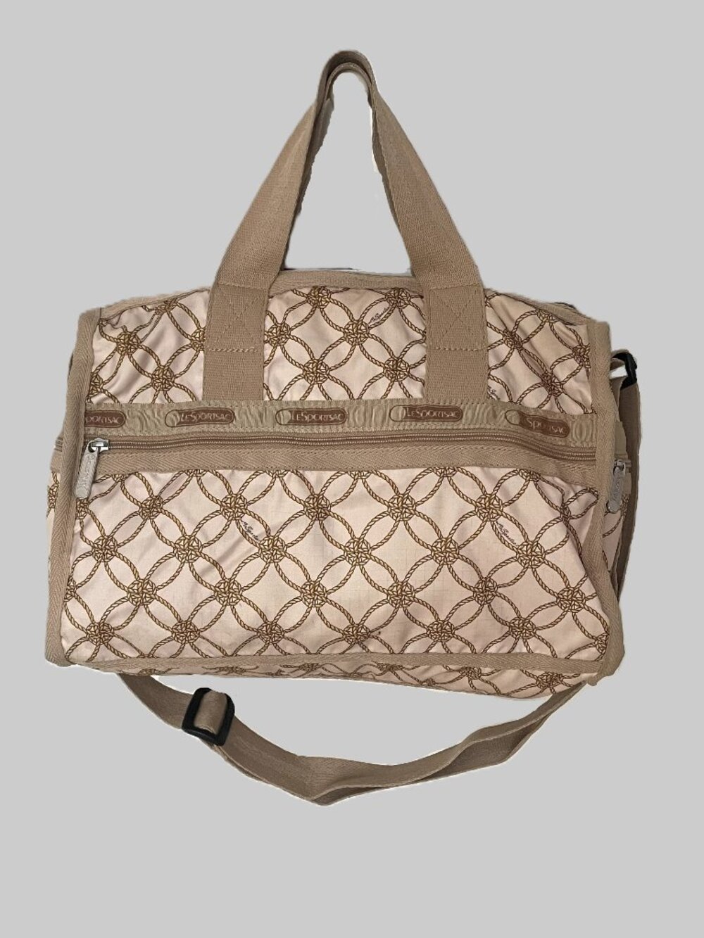 LeSportsac Classic Weekender Duffle Bag Tan Rope Geometric Print